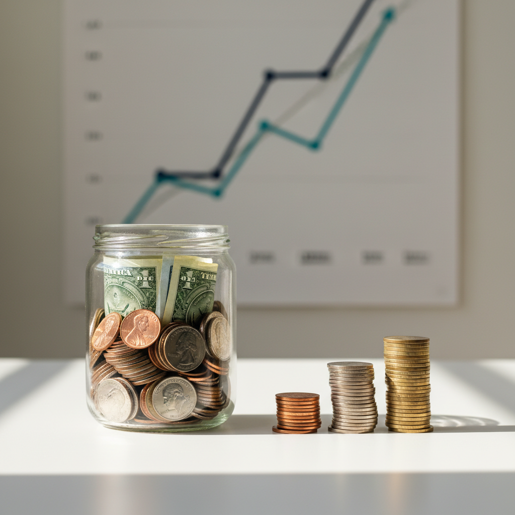 A close-up of a transparent glass jar partially filled with neatly sorted coins and a few folded small-denomination banknotes, positioned on a clean white tabletop. Next to the jar, three distinct stacks of coins form a subtle ascending staircase, symbolizing growth from tiny to slightly larger amounts. Cool, diffused daylight from the left casts soft shadows and bright highlights on the metal surfaces, emphasizing their texture. In the softly blurred background, a minimalist chart with simple upward lines in teal and navy tones decorates a wall. Photographic realism, captured from a slightly elevated angle, with a calm, reassuring atmosphere that reflects small, accessible loans building toward bigger financial stability.